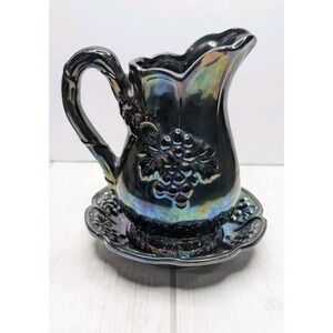 Iridescent Black Glossy Ceramic Pitcher & Underplate Set, Grape & Leaf